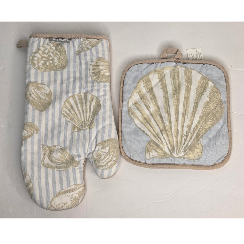 Cuisinart Oven Mitt and Pot Holder Set Coastal Seashell Blue White Tan Striped